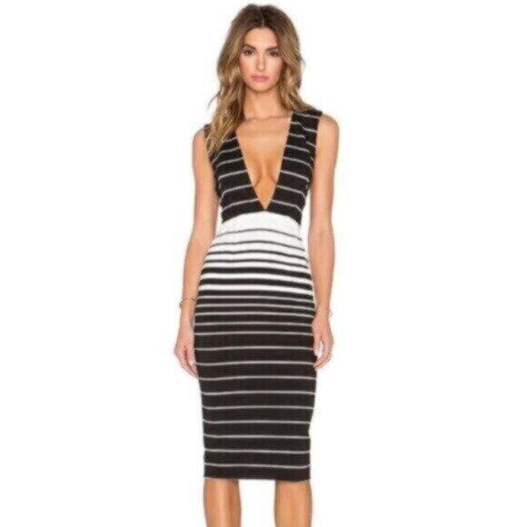 Nicholas Women’s Black & White Striped Midi Plunging V-Neck and Open Back Dress - Picture 2 of 15